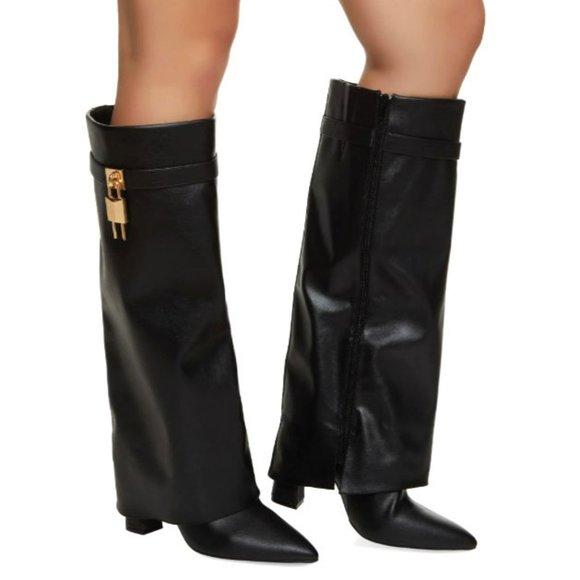 New Black Lock Fold Over Chunky Heel Knee High Boots - Picture 1 of 5
